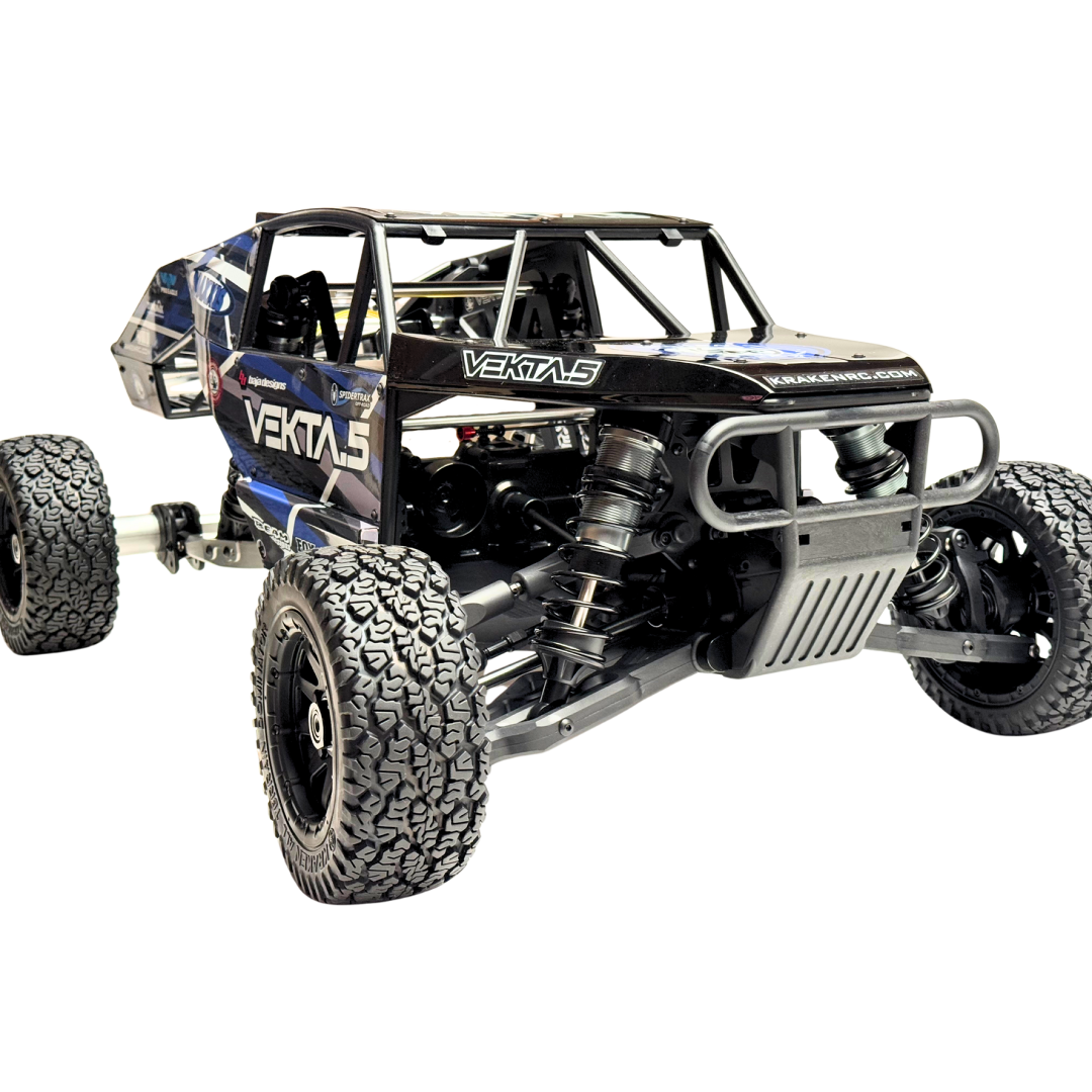 Black off-road RC car with 'Vekta' branding on a white background