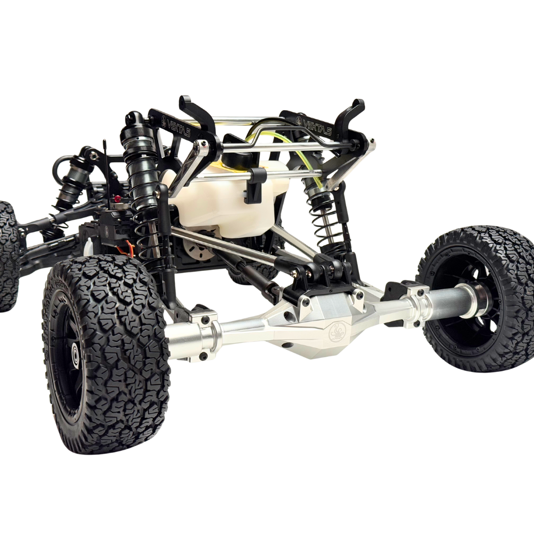 Close-up of a VEKTA buggy rear axle vehicle chassis on a white background