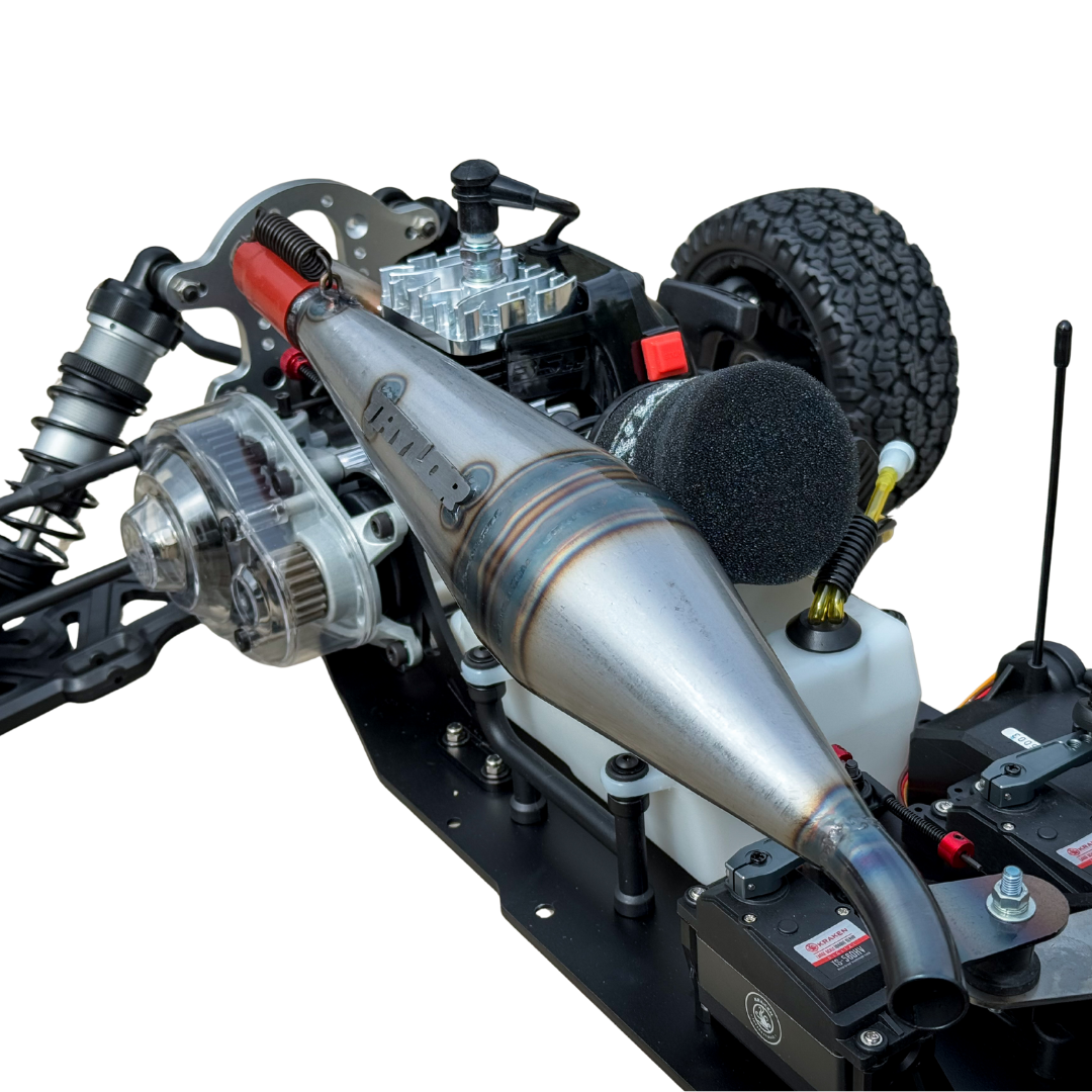 Close-up of a detailed model car with a exhaust system on a white background