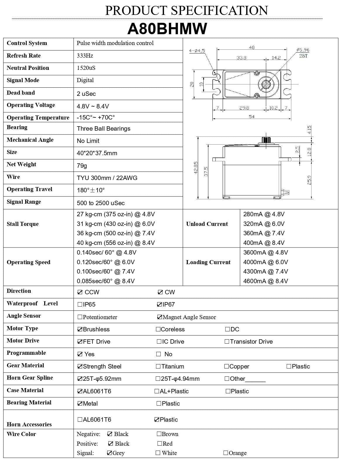 AGFRC 40KG A80BHMW V2 Standard Size Servo