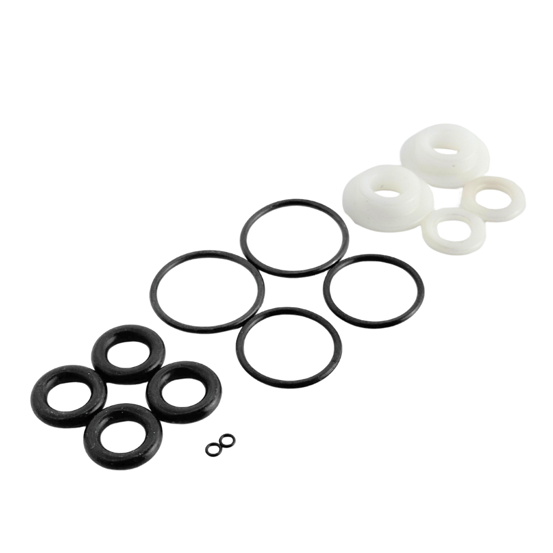 Set of black and white rubber washers on a white background