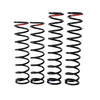 Four black coil springs with red accents on a white background