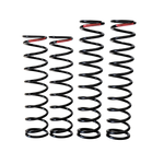 Four black coil springs with red accents on a white background