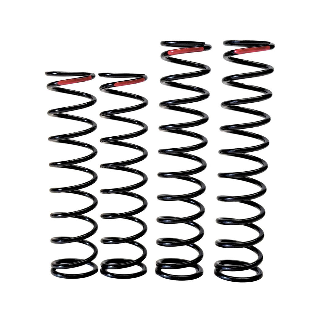 Four black coil springs with red accents on a white background