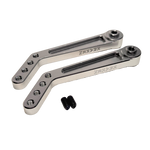 Two metal brackets with screws on a white background
