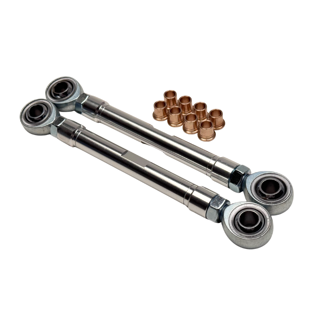 Two metal linkage arms with bearings on a white background