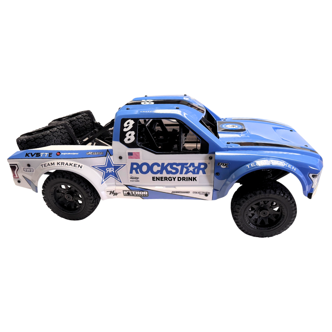 Blue toy truck with Rockstar Energy Drink branding on a white background