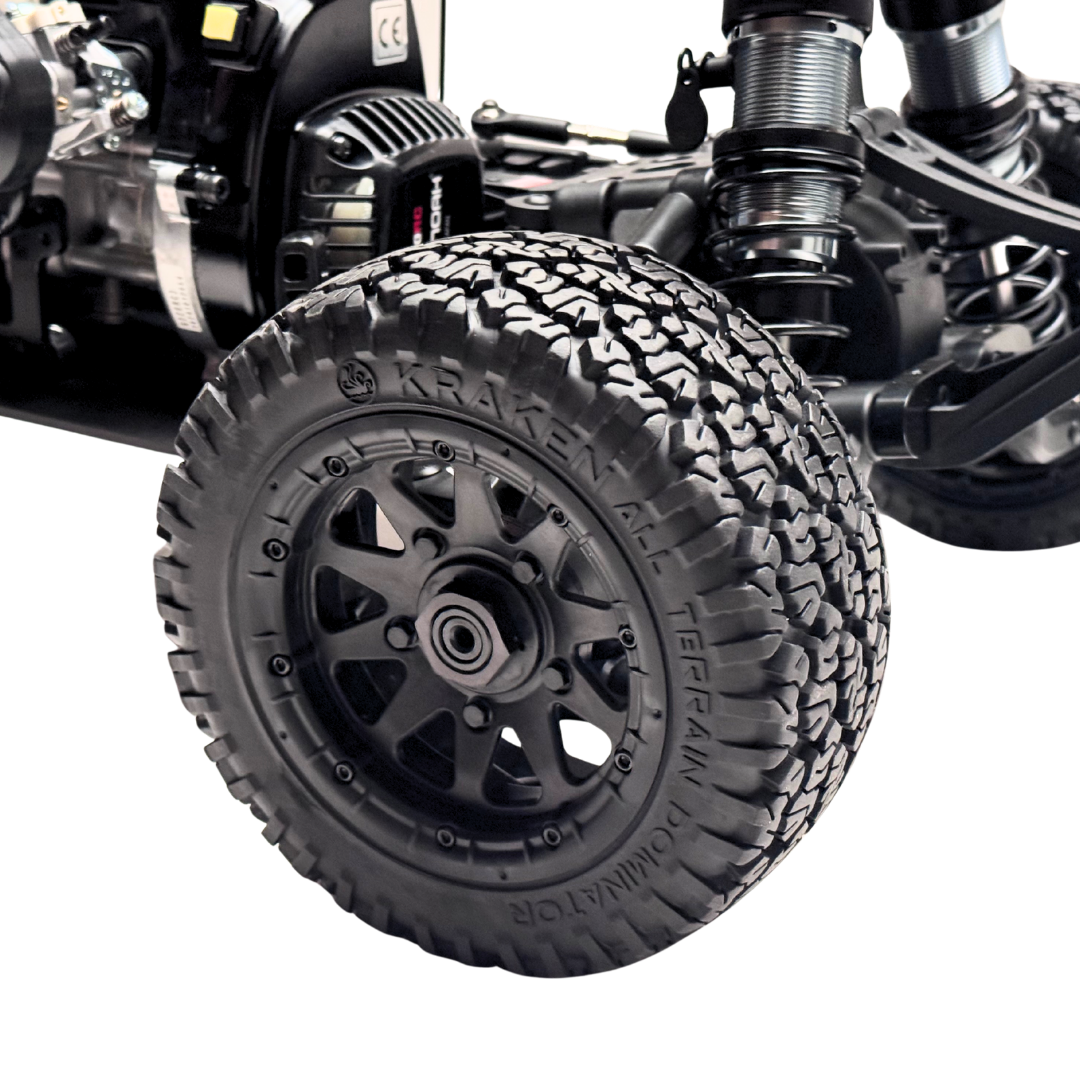 Close-up of a Kraken all-terrain tire on a white background
