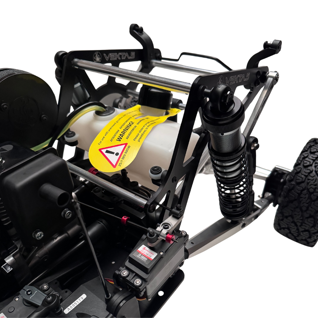 Close-up of a mechanical vehicle chassis with visible branding on a white background