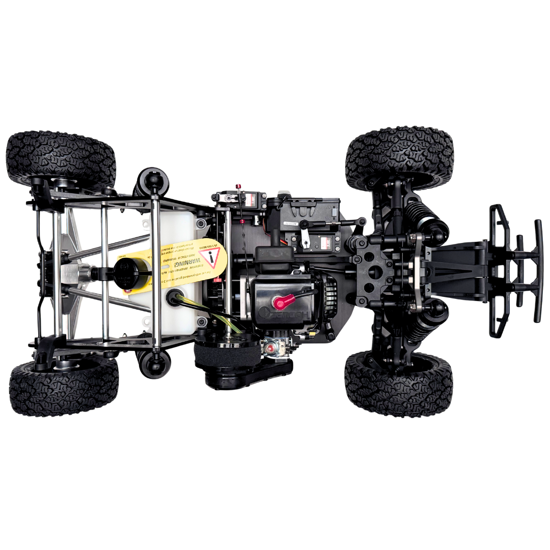 Black off-road vehicle chassis with suspension and tires on a white background