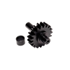 Black metal gear and smaller component on a white background