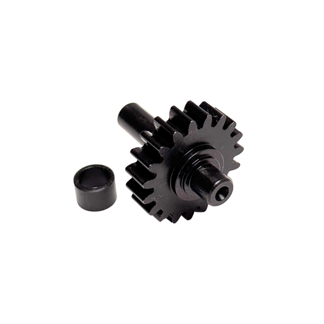 Black metal gear and smaller component on a white background