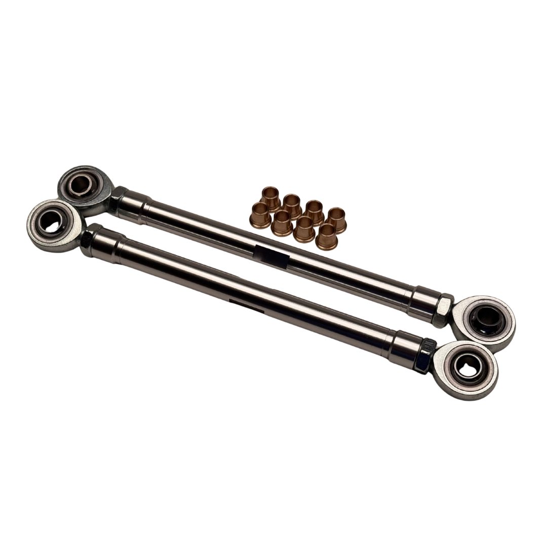 Two metal rod assemblies with spherical bearings on a white background