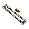 Two metal linkage rods with spherical bearings and small metal components on a white background