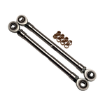 Two metal linkage rods with spherical bearings and small metal components on a white background
