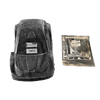 Black plastic car seat base with clear cover and additional packaging on a white background