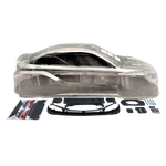 Clear plastic car body shell with black parts and accessories on a white background
