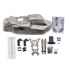 Collection of RC car parts including a body shell, suspension components, and a box on a white background.