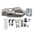 Collection of RC car parts including a body shell, suspension components, and a box on a white background.