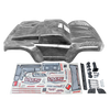 Car body shell with decals and accessories on a white background