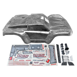 Car body shell with decals and accessories on a white background