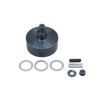 Mechanical component kit with a large cylindrical part and smaller components on a white background