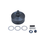 Mechanical component kit with a large cylindrical part and smaller components on a white background
