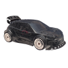 Black model car body with white wheels on a white background