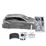 Car body kit with tools and decals on a white background