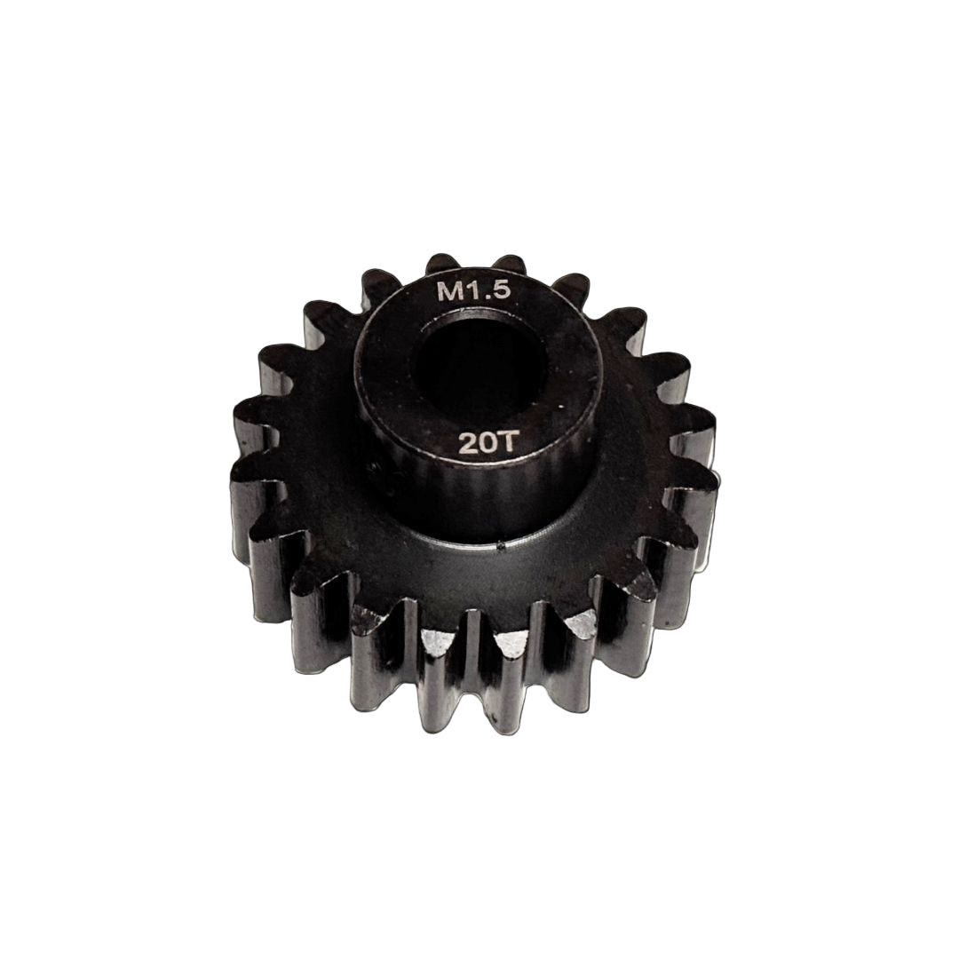 A collection of black hardened steel pinion gears with an 8mm bore, arranged together against a dark background.