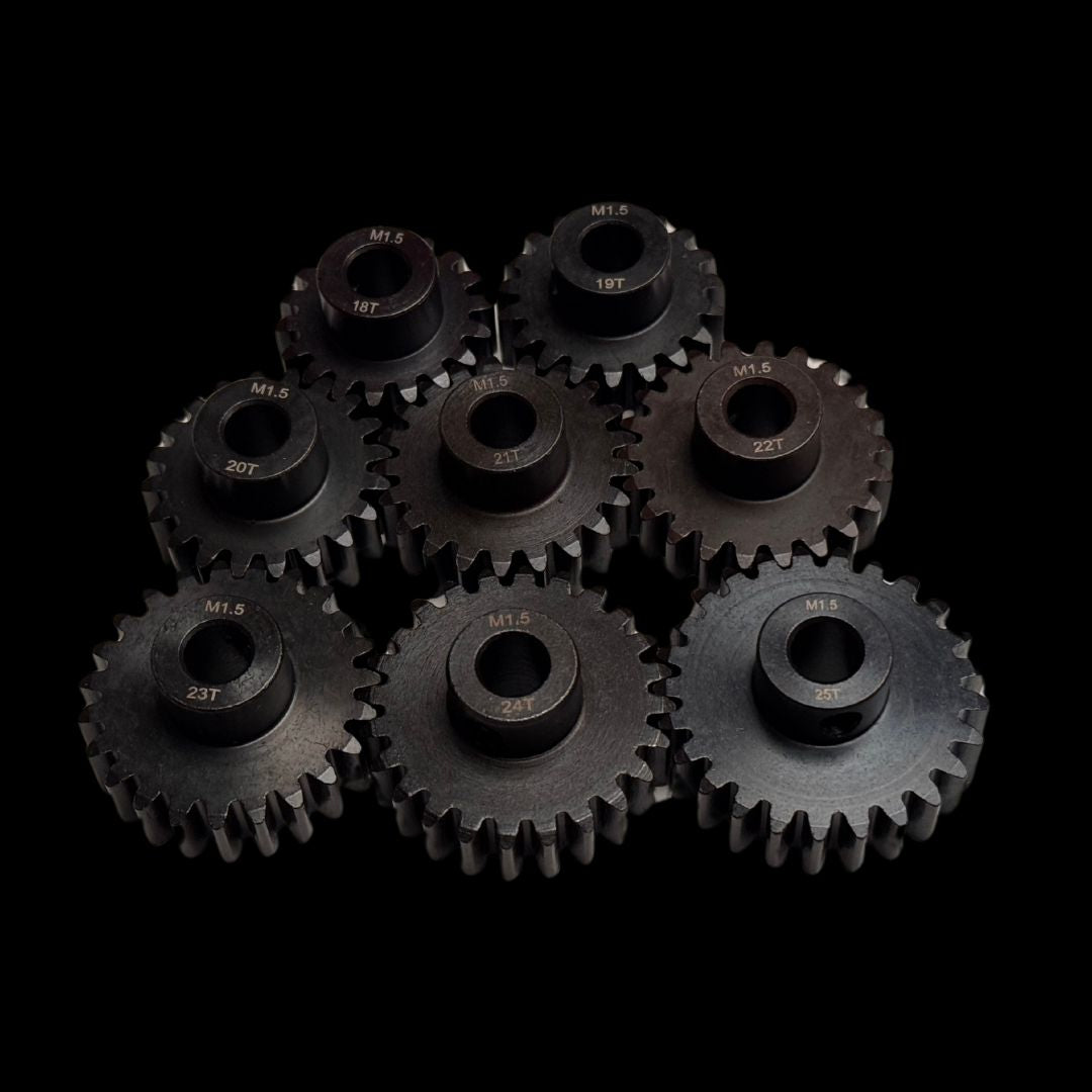 A collection of black carbon steel pinion gears with an 8mm bore designed for use with brushless motors, arranged in four rows on a dark background.