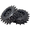 Two black off-road wheels with spiky tread pattern on a white background