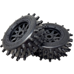 Two black off-road wheels with spiky tread pattern on a white background