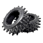 Two black off-road tires with spiky tread pattern on a white background