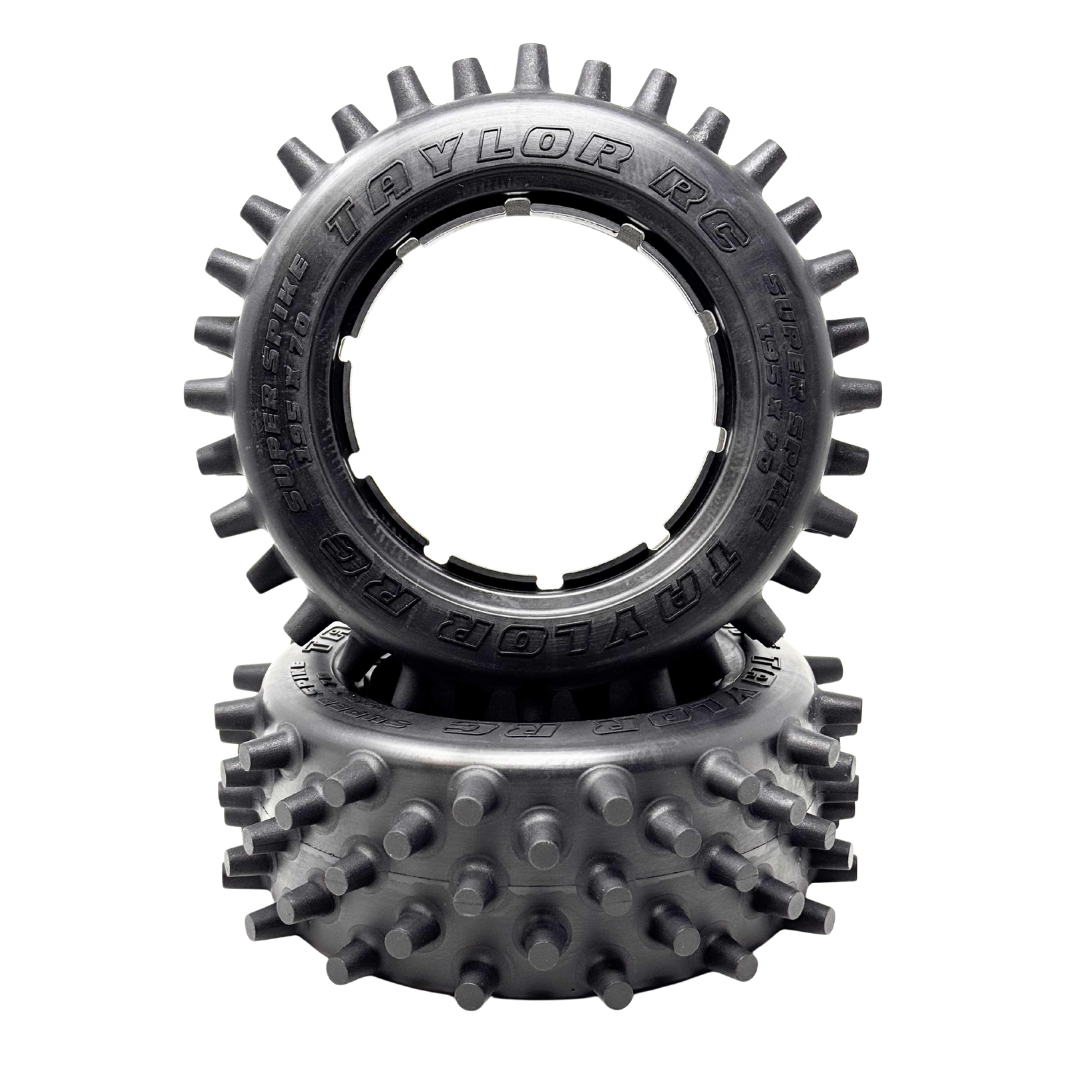 Two Taylor R/C tires stacked on a white background