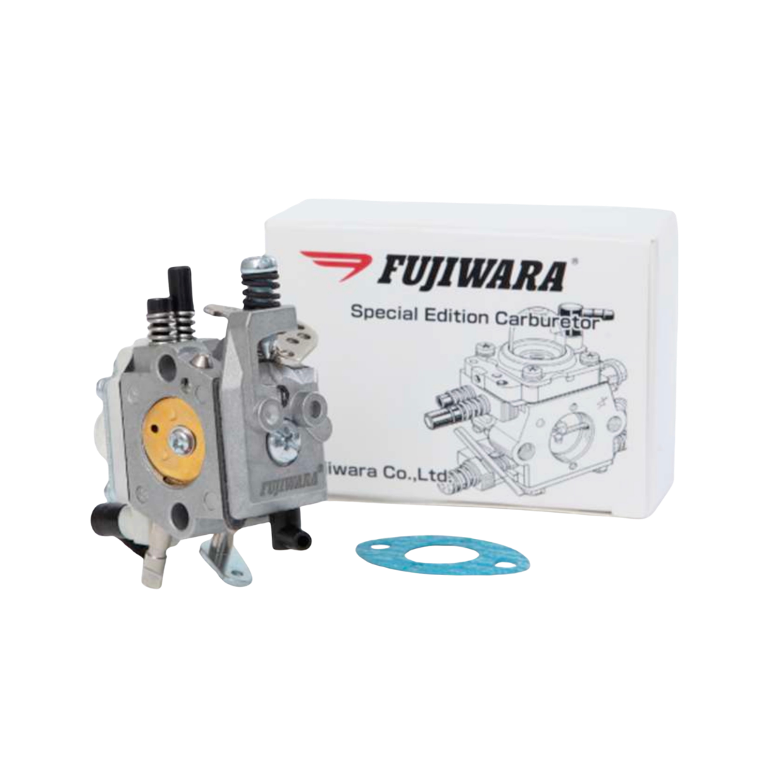 Fujiwara special edition carburetor with packaging and gasket on a white background
